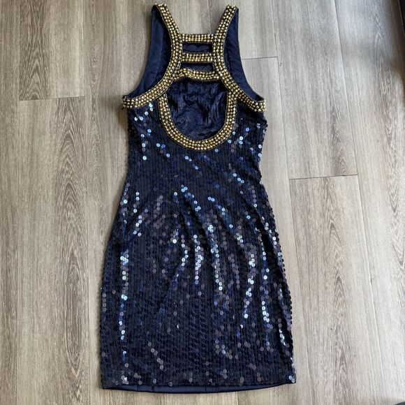 Niteline Della Roufogali Gold Beaded Cocktail Night Out Sexy Dress Size 2 Blue - Picture 11 of 16